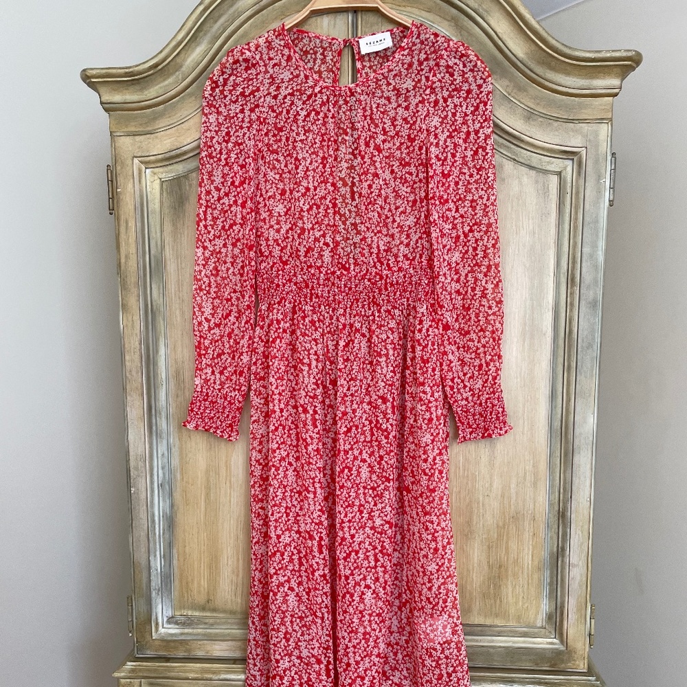Long sleeve red and white print Sézane midi dress.